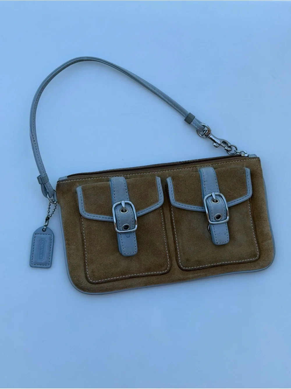 Coach Vintage Suede Y2K Cargo Pocket Wristlet Baguette Indie Sleaze Tan & Grey
